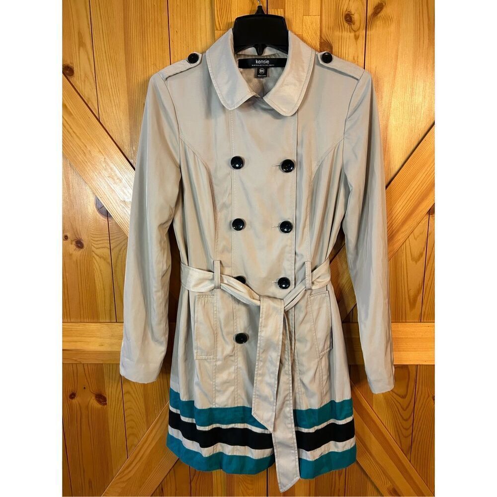 Kensie Khaki Trench Coat Size Medium Pockets Belted Lightweight Dressy (0923)